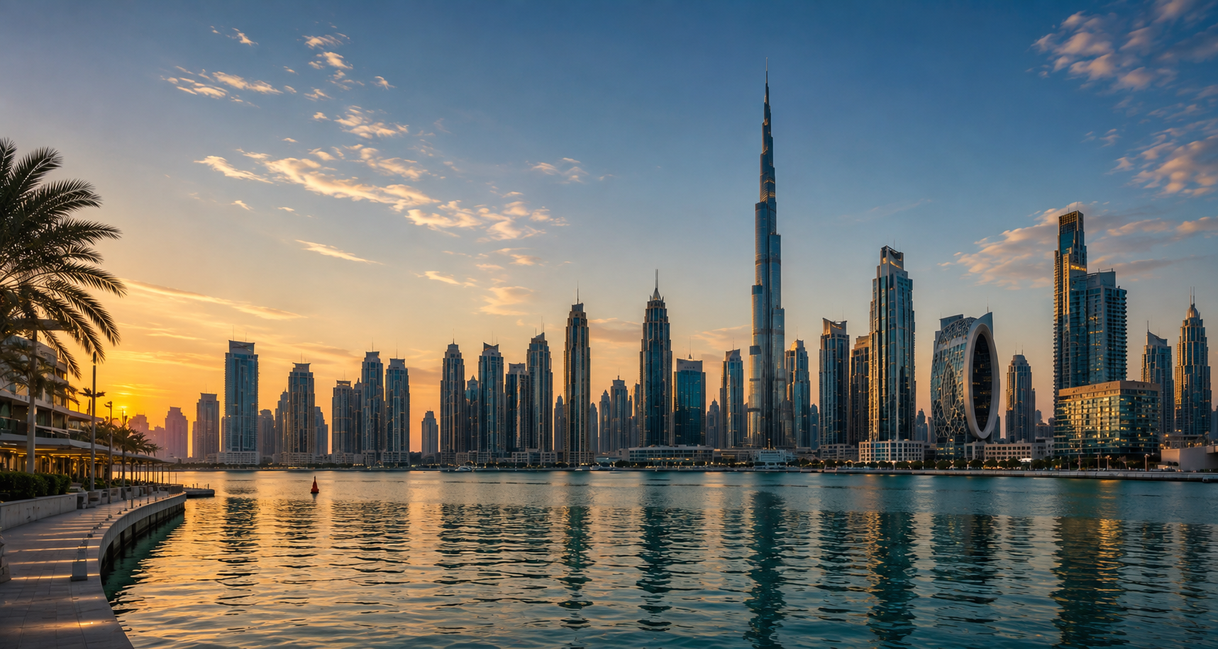 Downtown Dubai skyline at sunset with the Burj Khalifa rising above the water of Dubai Creek Harbour